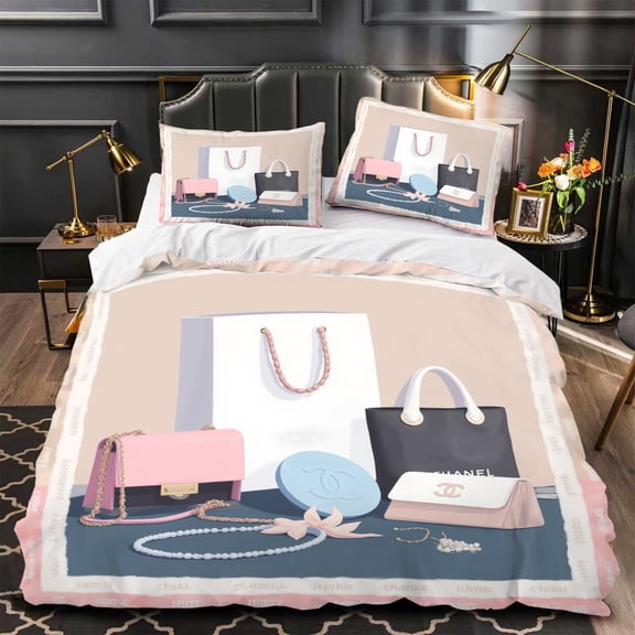 Chic 3-Piece Duvet Cover Set with Handbag Pattern - Stylish Comforter & Pillow for Elegant Bedroom Decor