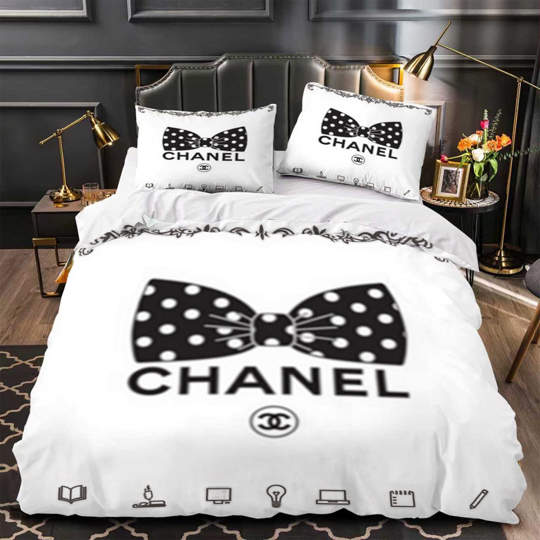Chic 3-Piece Duvet Cover Set with Large Black Bow & Print of Books ...