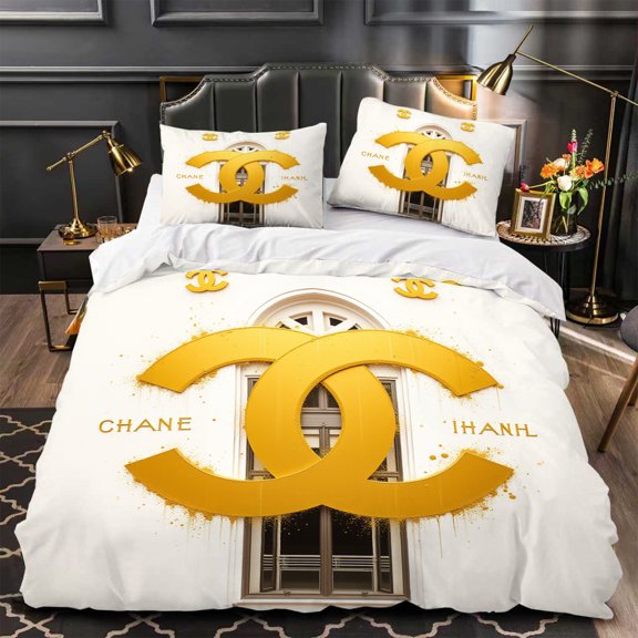 Chic 3-Piece Duvet Cover Set with Text Elegant Splatter Design Modern Bedroom Decor White & Gold