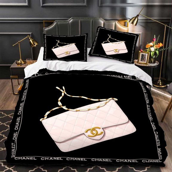 Chic 3-Piece Duvet Cover Set with Tufted Headboard Design Featuring Pink Bag Pattern Elegant Black & White Color Scheme