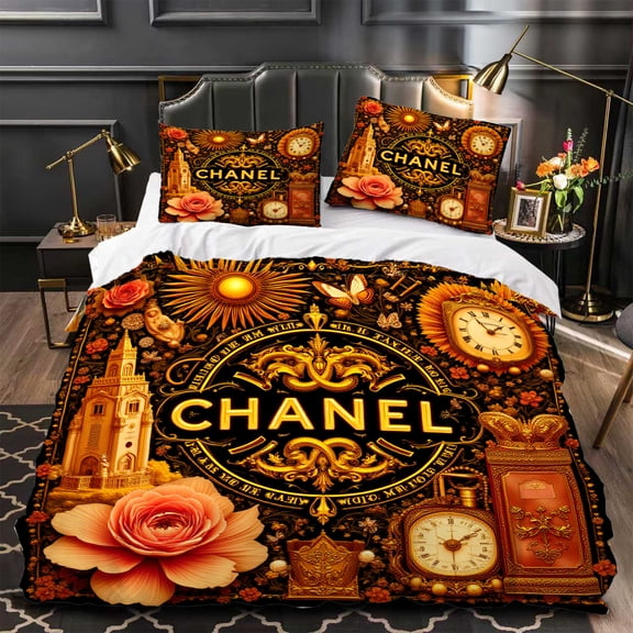 Chic 3-Piece Duvet Cover Set with Vibrant Floral Patterns & Vintage Clocks - Luxurious Bedding for Elegant Bedrooms