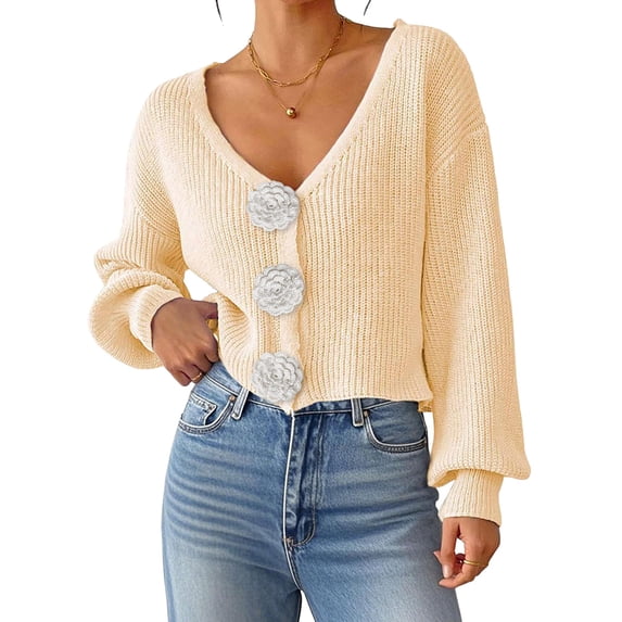 Chic 3D Flower Crop Cardigan Sweaters for Female Fall Loose Open Front Long Sleeve Knitted Cozy Outerwear Apricot L