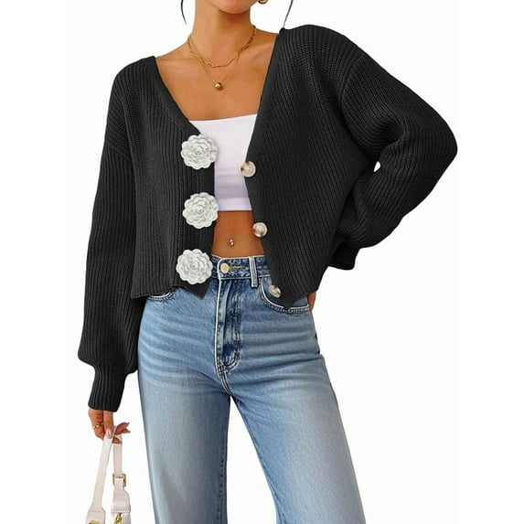 Chic 3D Flower Crop Cardigan Sweaters for Female Fall Loose Open Front Long Sleeve Knitted Cozy Outerwear Black S