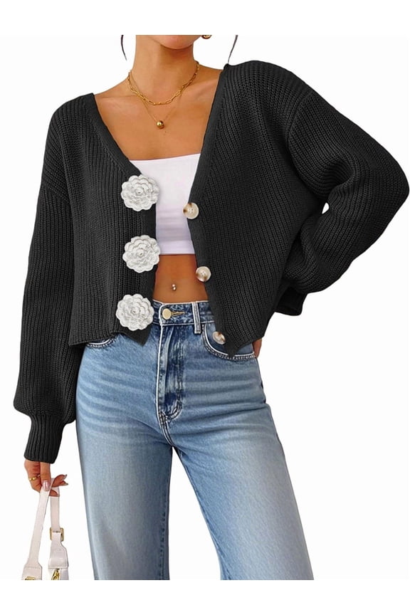 Chic 3D Flower Crop Cardigan Sweaters for Female Fall Loose Open Front Long Sleeve Knitted Cozy Outerwear
