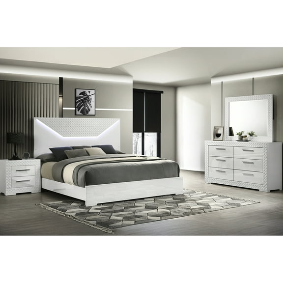 Chic 4 Queen Bedroom With Led-illuminated Headboard In White - Bed, 6 Dresser, Mirror, 2 Nightstand Contemporary 4 Pc Led Lacquer