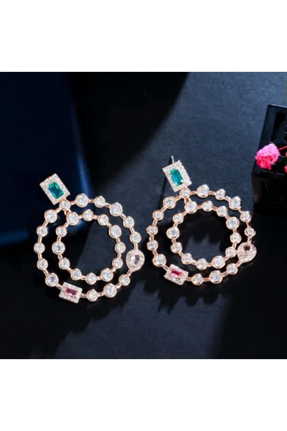 Chic 585 Gold Double Round CZ Lady Setting Square Endless Long Dangling Earrings