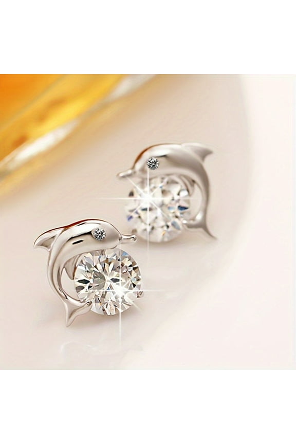 Chic 925 Silver-Plated Dolphin Earrings with Synthetic Zirconia, Cute Holiday Banquet Jewelry Gift, White Copper,silvery