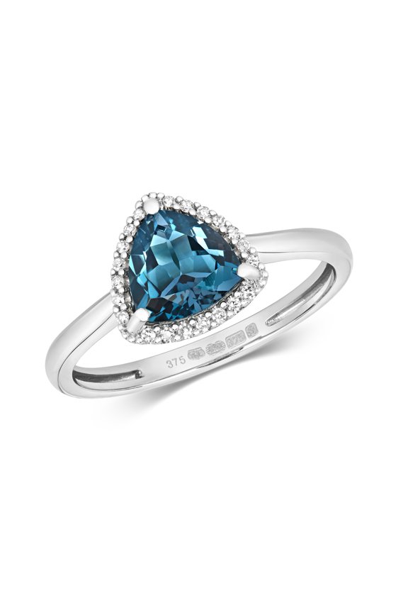 Chic 9k White Gold Women Cluster Diamond Solitaire Ring Brilliant Cut 0.07 Carat with London BlueTopaz