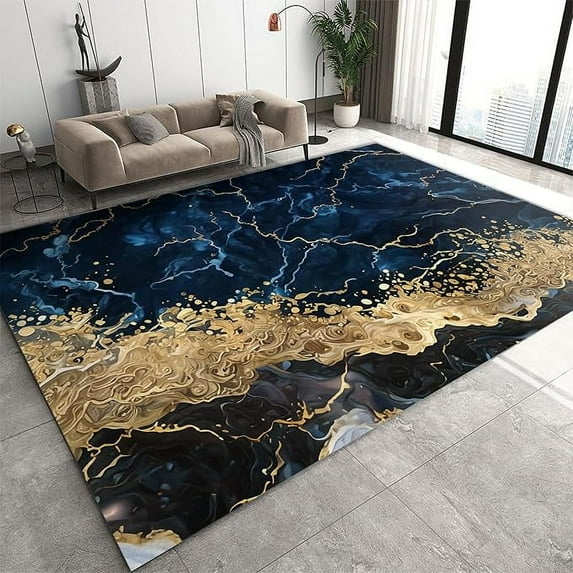 Chic Aesthetic Modern Abstract Area Rugs, Navy Blue Gold Marble Carpet For Living Room Bedroom, Washable Soft Retro Dining Room Rug Office Floor Rug Hallway Kitchen Runners 2 x 3ft