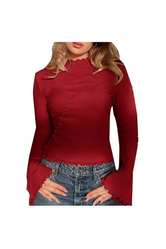 Chic Asymmetric Shirts for Women Flared Sleeve Mock Neck Tops Ladies Dressy Business Casual Blouse