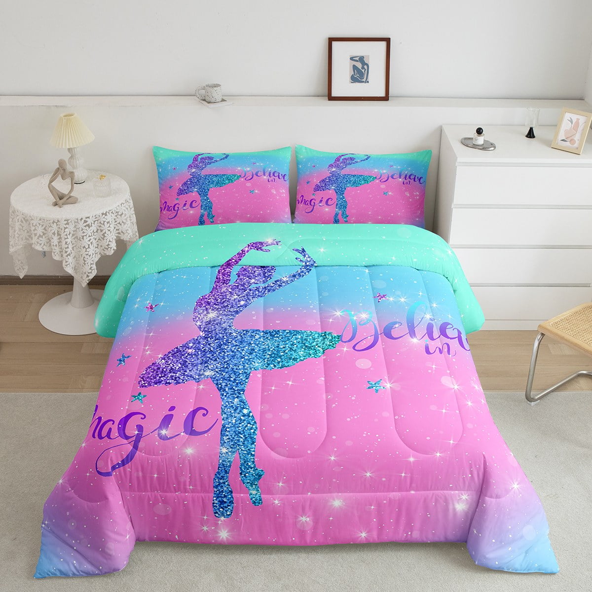 Chic Ballet Girl Bedding Twin Teal Blue Pink Comforter Set, Purple