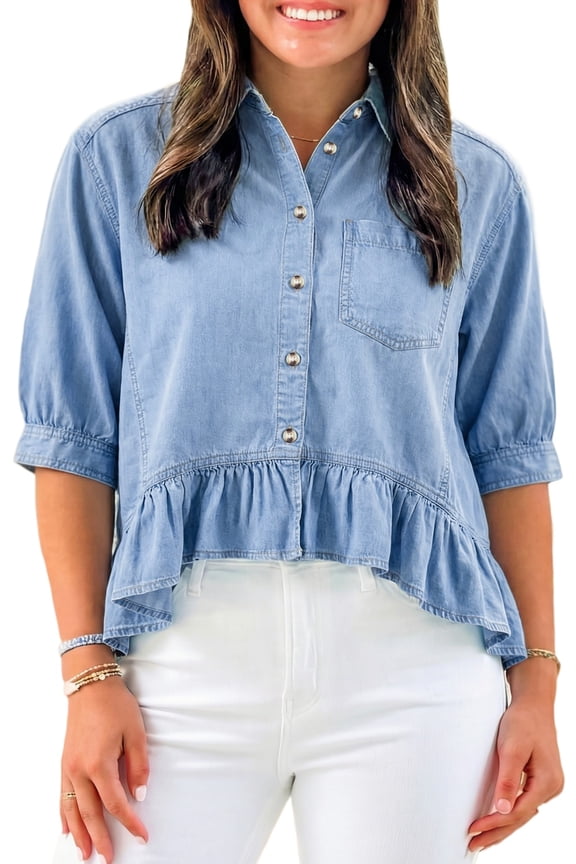 Chic Beau Blue Ruffled Chambray Shirt for Women – Half Sleeve Button Down, Ideal for Summer Outings, L
