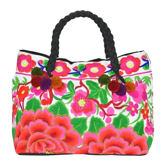 Chic & Beautifully Embroidered Red & Green Flower Garden Handbag