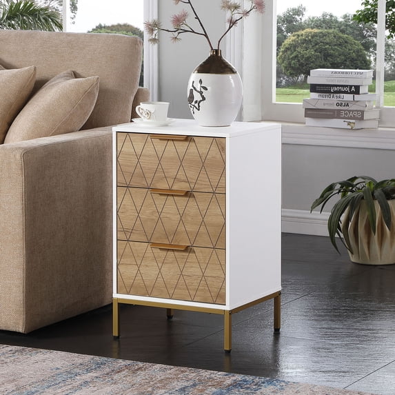 Chic Bedside Table with 3 Drawers, Perfect Modern Nightstand for Bedroom Spaces,Natural+White