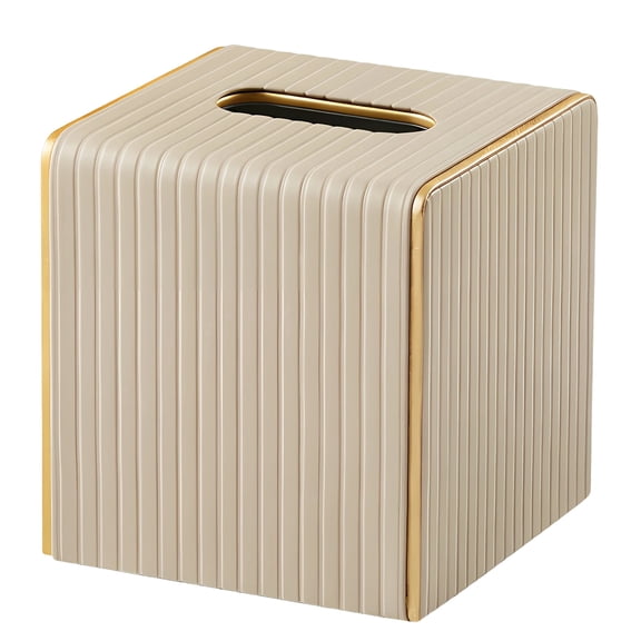 Chic Beige Tissue Box Cover, PU Leather Square Holder, Italian Stripe Pattern, Golden Trim for High-End Home Decor, Modern Living Room & Bedroom Desk Organizer, 5.5 x 5.5 x 5.8 in / 14 x 14 x 14.8 cm