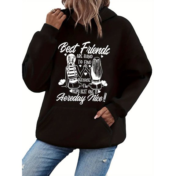 Chic Best Friends Graphic Hoodie for Women - Cozy Fleece-Lined Pullover with Kangaroo Pocket, Casual Sporty Style