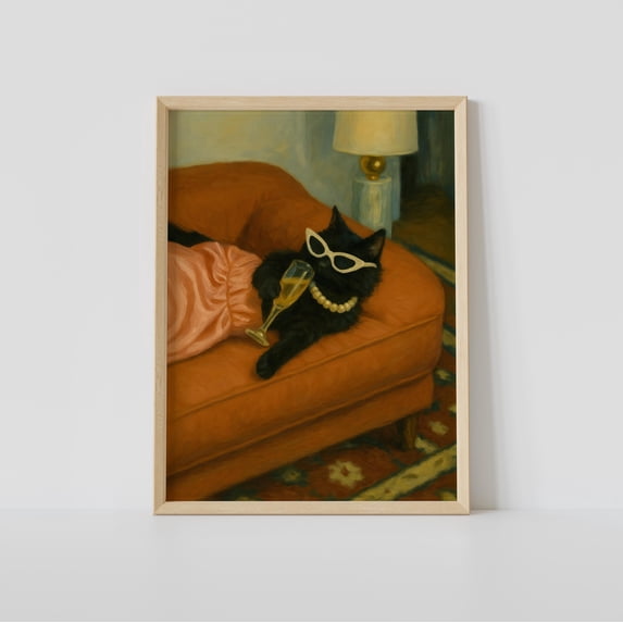 Image showcasing Chic Black Cat Print Retro Glam Wall Art With Champagne Home Decor ...