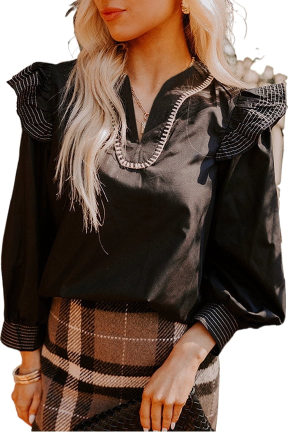 Chic Black Contrast Stitched Ruffle Blouse for Women – Stylish V Neck Long Sleeve Top for Fall, L