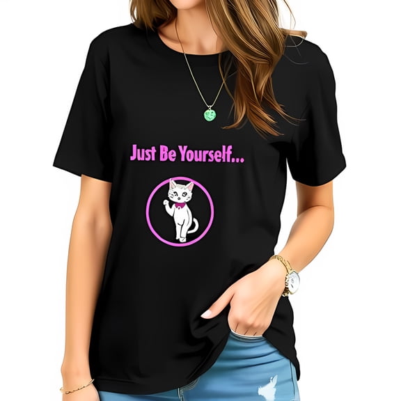 Chic Black Cotton Short Sleeve T-Shirt with " Just Be Yourself " in Playful Pink Font & Cute Cat Illustration