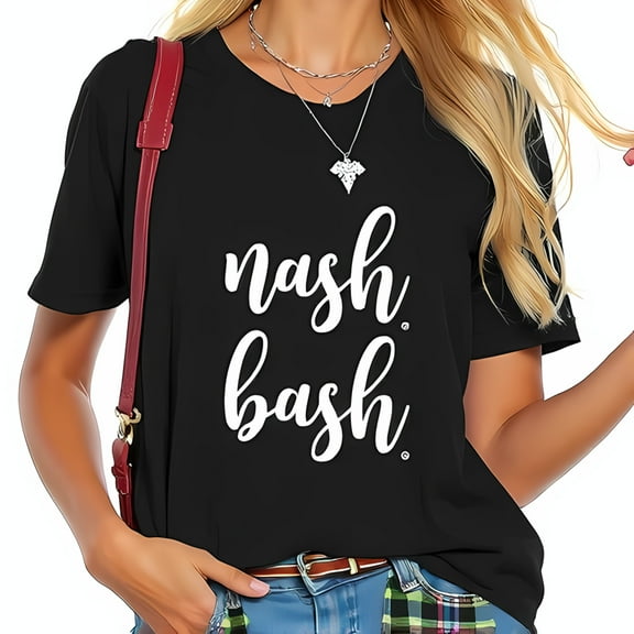 Chic Black Cotton Short Sleeve T-Shirt with Playful ' Bash' White Font Design for Nashville Lovers