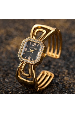 Chic Black & Golden Bow Cuff Watch with Crystal Encrusted Bezel
