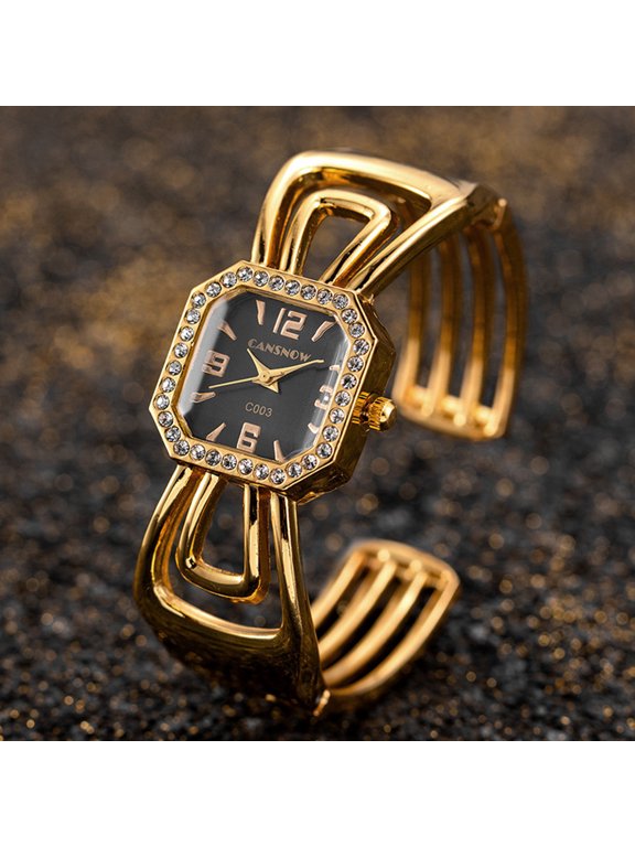 Chic Black & Golden Bow Cuff Watch with Crystal Encrusted Bezel