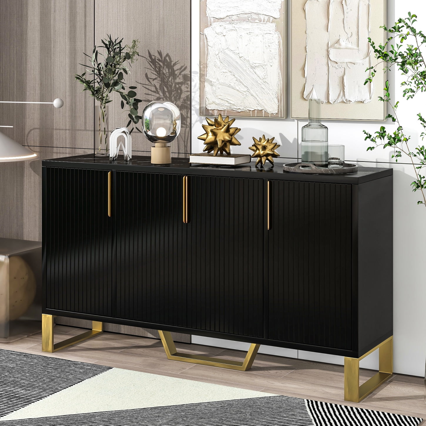 Chic Black Modern Sideboard with Four Doors - Luxurious Gold Metal ...