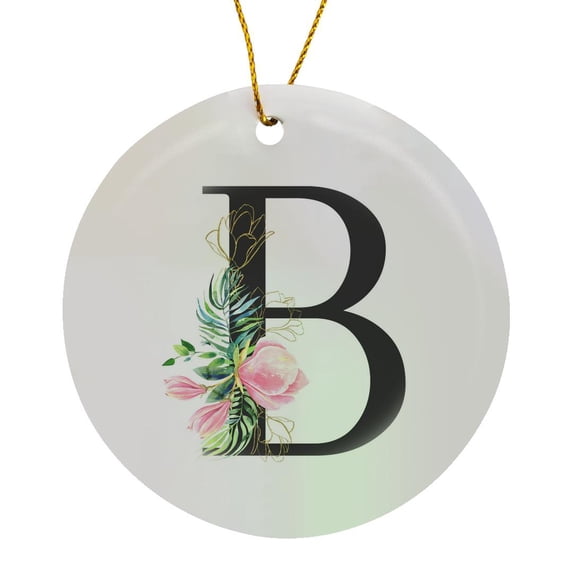 3drose, Chic Black Monogram Initial B with Pretty Pink Flowers, Circle Porcelain Ornament