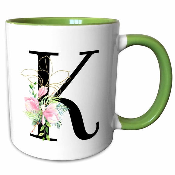3drose, Chic Black Monogram Initial K with Pretty Pink Flowers, 15oz Two-tone Green Mug