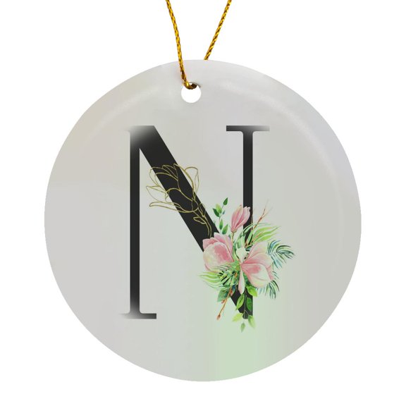 3drose, Chic Black Monogram Initial N with Pretty Pink Flowers, Circle Porcelain Ornament