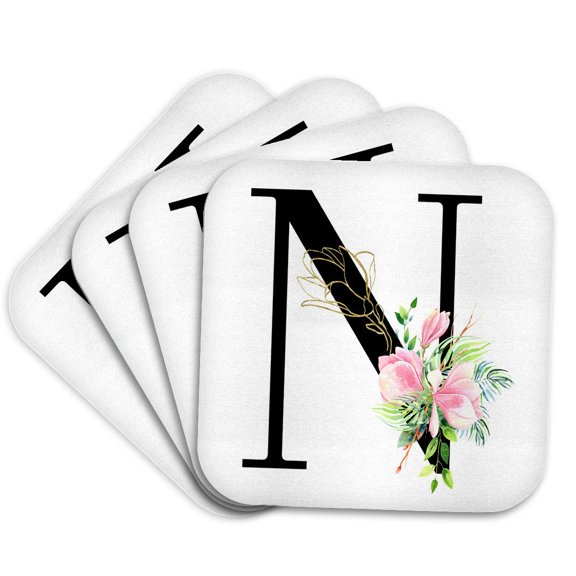 3drose, Chic Black Monogram Initial N with Pretty Pink Flowers, Set of 4 Coasters - Soft