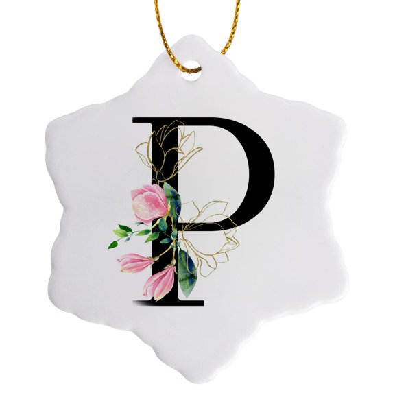 3drose, Chic Black Monogram Initial P with Pretty Pink Flowers, 3 inch Snowflake Porcelain Ornament