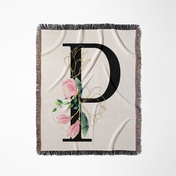 Chic Black Monogram Initial P With Pretty Pink Flowers, Woven Blanket