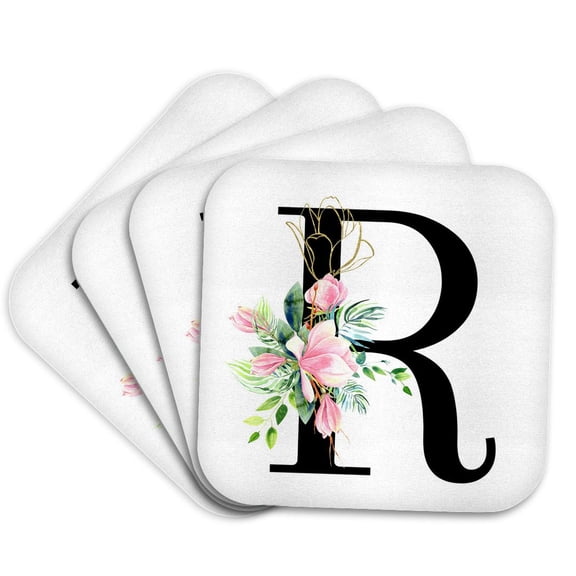 3drose, Chic Black Monogram Initial R with Pretty Pink Flowers, Set of 4 Coasters - Soft