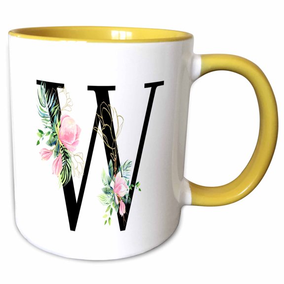 3drose, Chic Black Monogram Initial W with Pretty Pink Flowers, 11oz Two-tone Yellow Mug