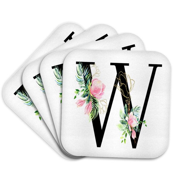 3drose, Chic Black Monogram Initial W with Pretty Pink Flowers, Set of 4 Coasters - Soft