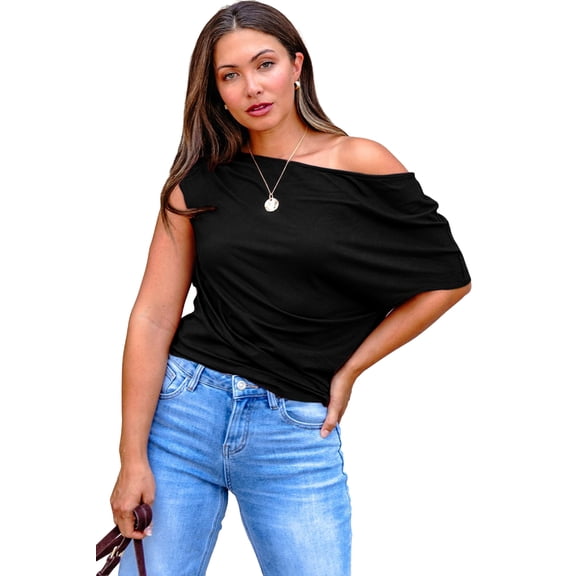 Chic Black Plus Size Solid Color Blouse for Women – Asymmetrical Neck Short Sleeve Top, 3X