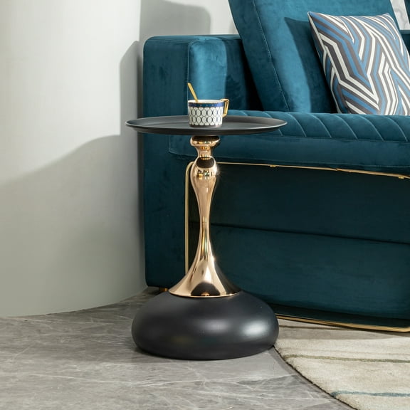 Chic Black Round Side Table - 15" Modern Carbon Steel Cocktail Table for Small Spaces, Living Room End Accent Furniture, 21" Tall, Gold Accents, Easy Assembly