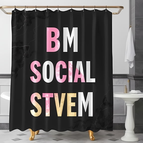 Chic Black Shower Curtain with Trendy "BM SOCIAL STVEM" Typography in Pink Gold & White Modern Bathroom Decor