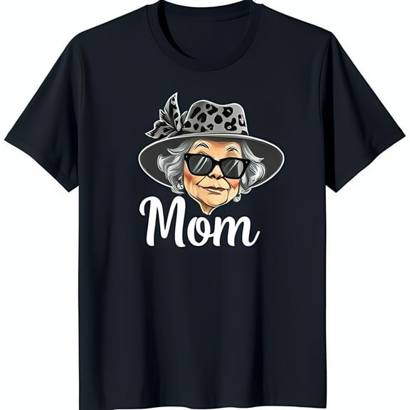 Chic Black T-Shirt with Cartoon Grandma Graphic & Bold 'Mom' Text