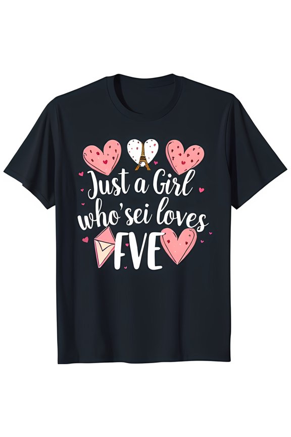Chic Black T-Shirt with Cute 'Just a Girl Who's Sei Loves Five' Graphic