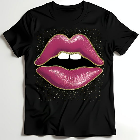 Chic Black T-Shirt with Glitter Lip Print Graphic Edgy & Playful Style