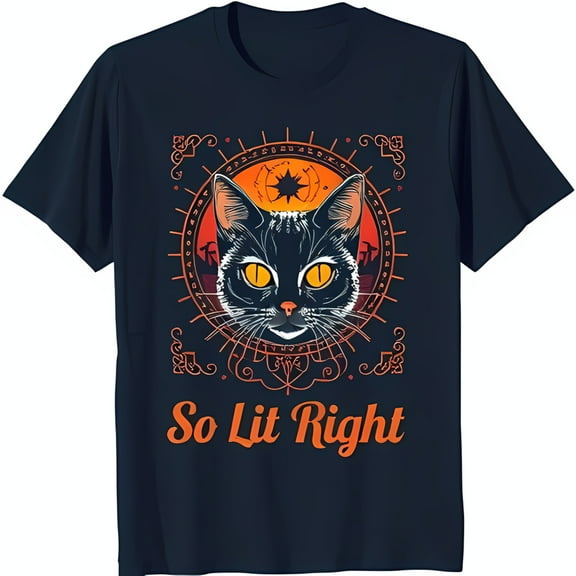 Chic Black T-Shirt with Vibrant Cat Graphic & 'So Lit Right' Text