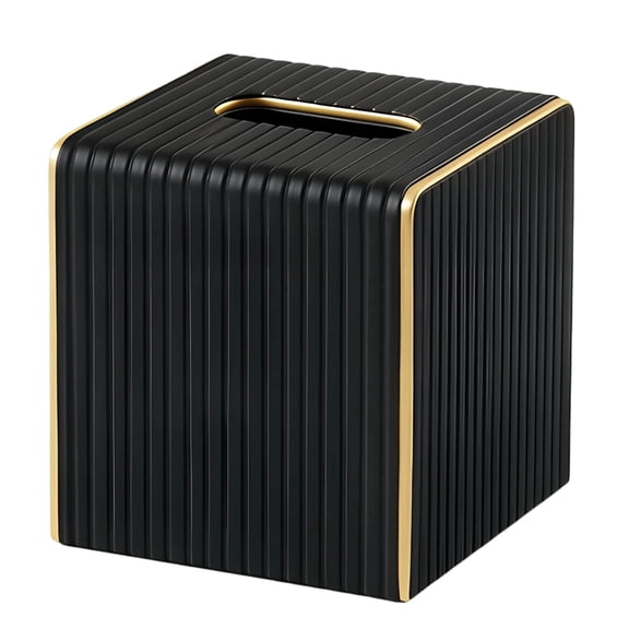 Chic Black Tissue Box Cover, PU Leather Square Holder, Italian Stripe Pattern, Golden Trim for High-End Home Decor, Modern Living Room & Bedroom Desk Organizer, 5.5 x 5.5 x 5.8 in / 14 x 14 x 14.8 cm