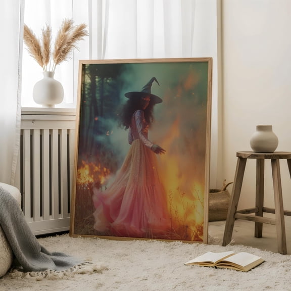 Chic Black Witch By The Fire, Black Witch Portrait,Autumn Witch Art,Mystical Witch Poster,Black Witch,Witch In Forest,African American Witch, 8x12 UNFRAMED