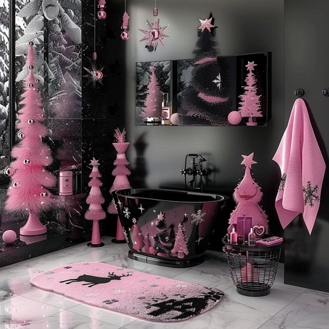 Chic Black and Pink Shower Curtain Festive Holiday Deer Decor Unique