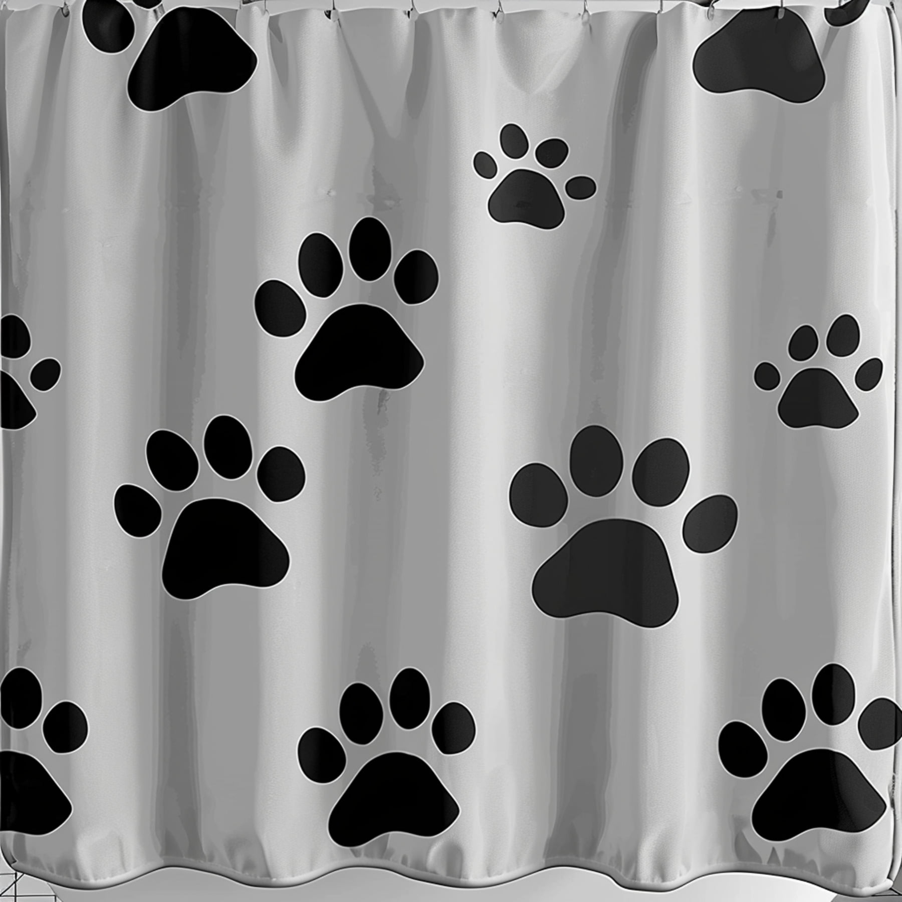 Chic Black and White Paw Print Shower Curtain Dog Paws Pattern on Grey