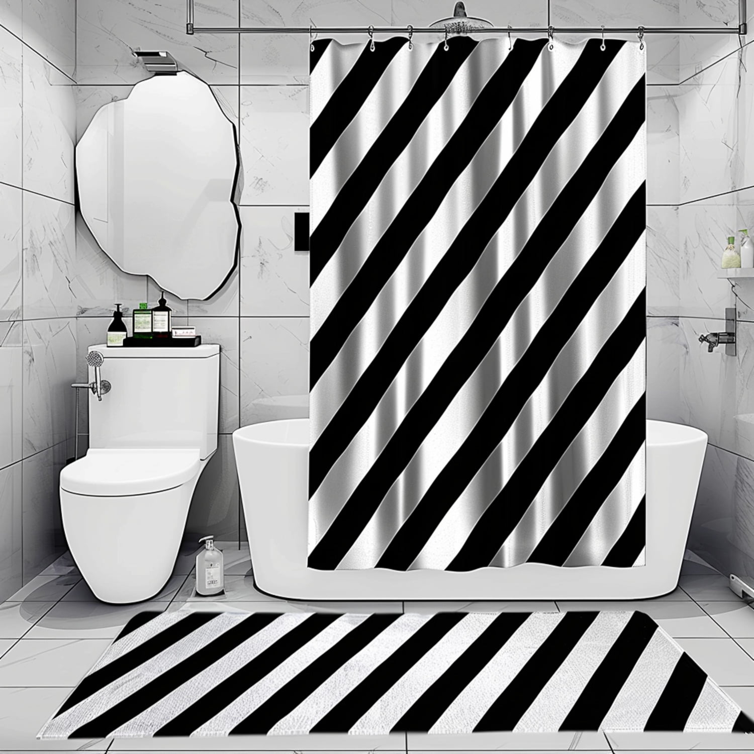 Chic Black and White Striped Bathroom Set with Modern Design Shower