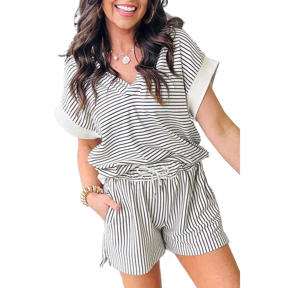 Chic Black and White Striped Two Piece Set - Relaxed Fit V Neck Tee & High Waist Shorts | [ZhiHiMeRi] | (US 8-10)M