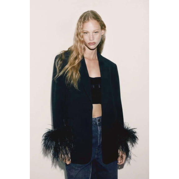 Chic Blazer with Feathered Cuffs